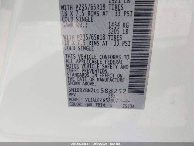 5N1DR2BN2LC588252 Nissan Pathfinder Sv 2wd