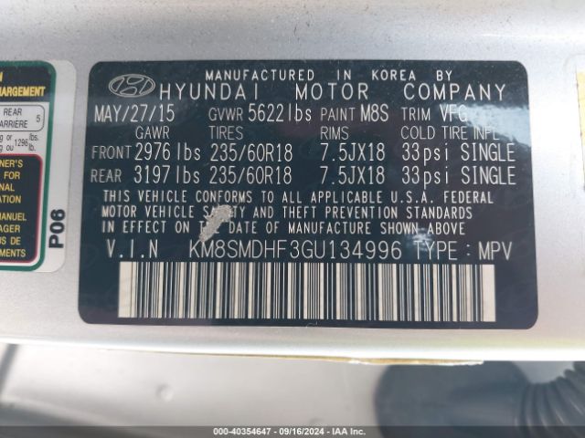 KM8SMDHF3GU134996 Hyundai Santa Fe Se