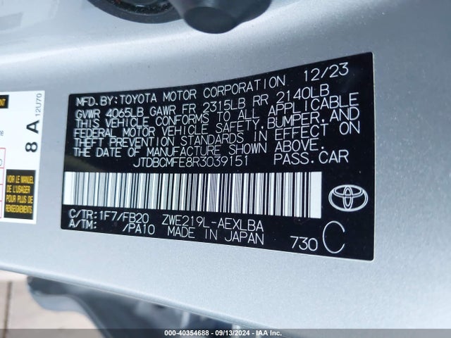 Toyota Corolla Hybrid Le 2024 JTDBCMFE8R3039151 Image 9