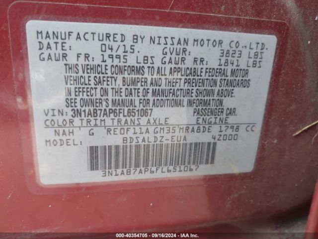 3N1AB7AP6FL651067 Nissan Sentra Fe+ S/s/sl/sr/sv