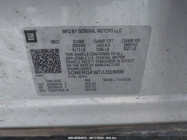 1GNERGKW7JJ119009 Chevrolet Traverse 1lt