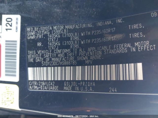 5TDYZ3DC7HS888785 Toyota Sienna Xle 8 Passenger