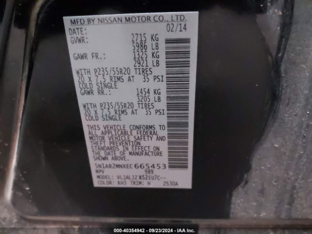 5N1AR2MNXEC665453 Nissan Pathfinder Platinum