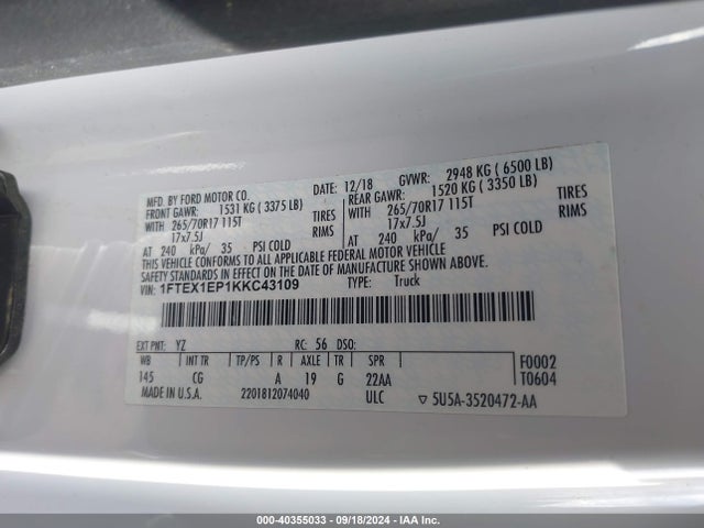 Ford F-150 Xl 2019 1FTEX1EP1KKC43109 Image 9