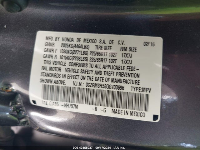 Honda CR-V EX 2016 3CZRM3H58GG703696 Image 9