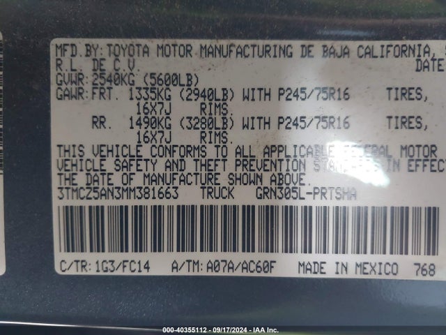 Toyota Tacoma Sr5 V6 2021 3TMCZ5AN3MM381663 Image 9