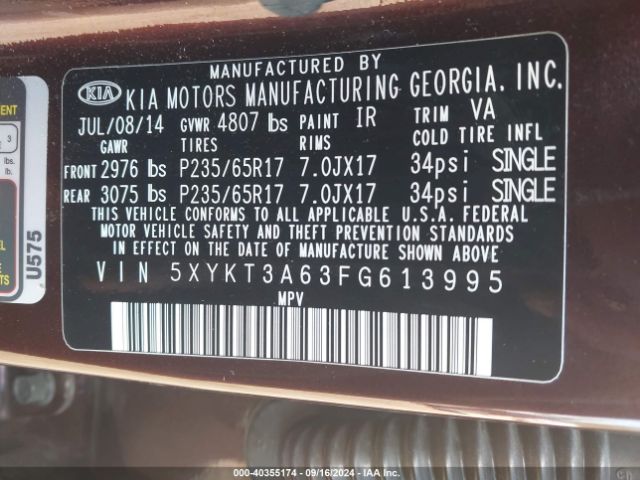 5XYKT3A63FG613995 KIA SORENTO LX