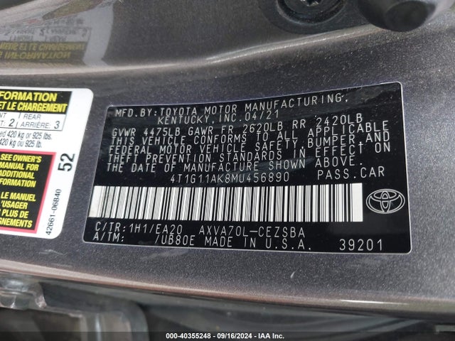 Toyota CAMRY SE 2021 4T1G11AK8MU456890 Image 9