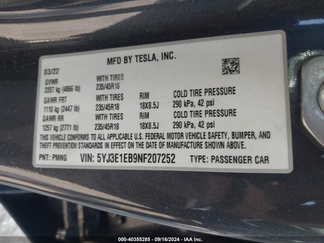 2022 TESLA MODEL 3 5YJ3E1EB9NF207252 Photo 8