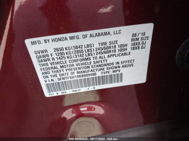 5FNYF6H19KB009480 Honda PILOT LX