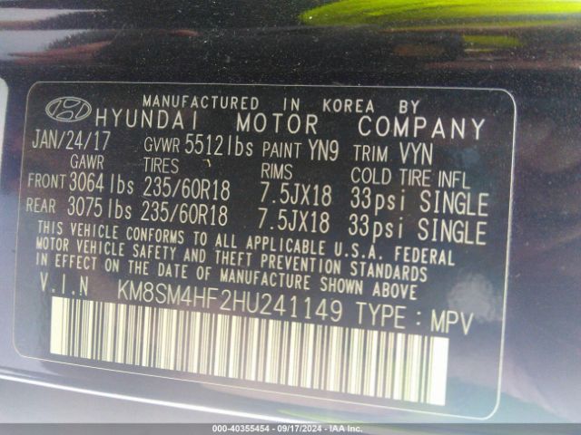 KM8SM4HF2HU241149 Hyundai Santa Fe Se