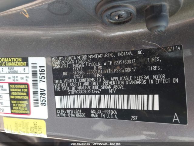 5TDYK3DC9ES513447 Toyota Sienna Xle V6 8 Passenger