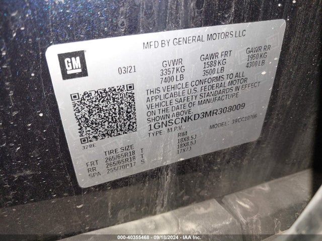 Chevrolet Tahoe 2wd Lt 2021 1GNSCNKD3MR308009 Image 9