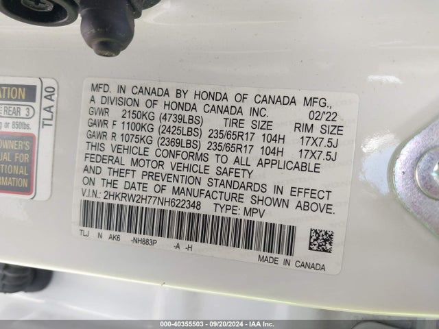 2HKRW2H77NH622348 Honda Cr-v Awd Special Edition