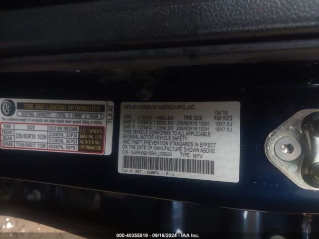 5J6RW2H59KL009924 Honda CR-V EX