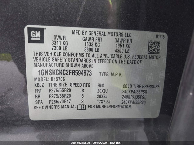 Chevrolet Tahoe Ltz 2015 1GNSKCKC2FR594873 Image 9