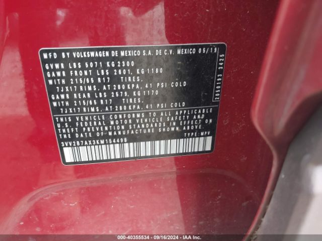 3VV2B7AX3KM154498 Volkswagen Tiguan 2.0t Sel/2.0t Sel R-line/2.0t Sel R-line Black/se