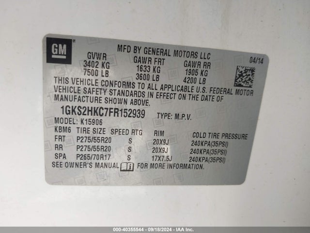 1GKS2HKC7FR152939 GMC Yukon Xl 1500 Slt
