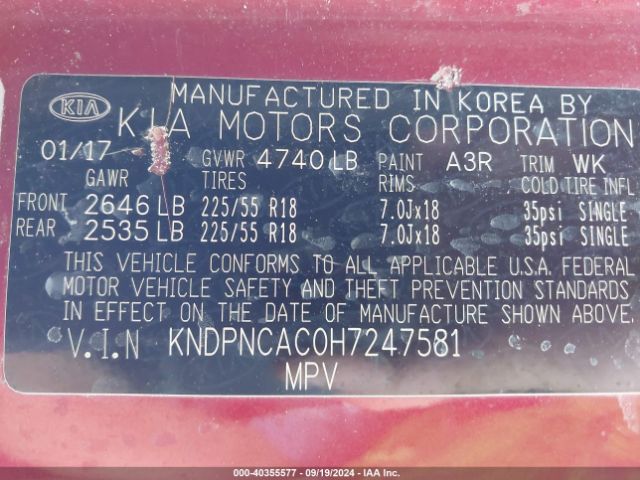 KNDPNCAC0H7247581 KIA Sportage Ex