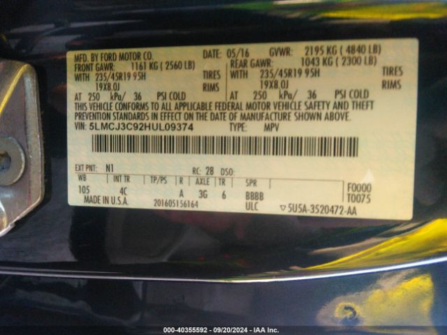 5LMCJ3C92HUL09374 Lincoln Mkc Reserve