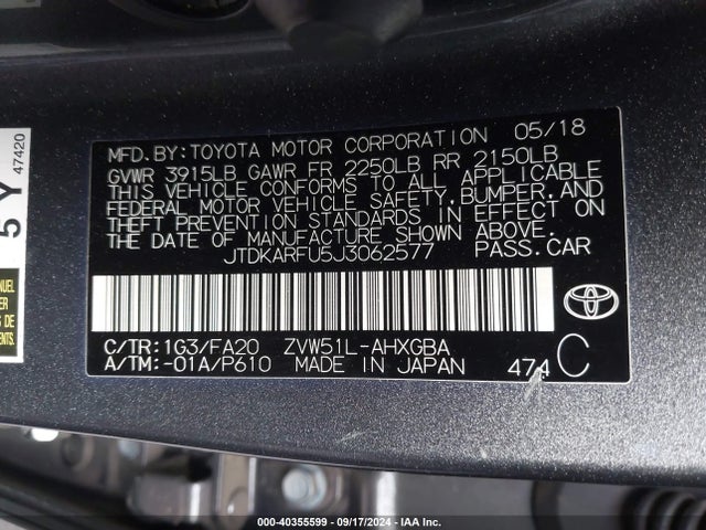 JTDKARFU5J3062577 Toyota Prius Three