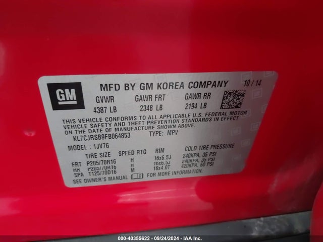 Chevrolet Trax Lt 2015 KL7CJRSB9FB064853 Image 9