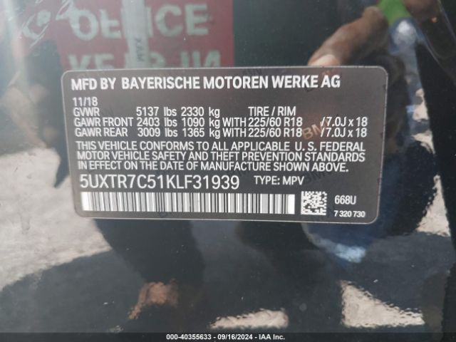 5UXTR7C51KLF31939 BMW X3 Sdrive30i