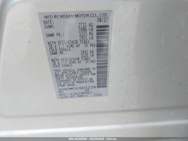 5N1DR2MM3JC603228 Nissan Pathfinder Sv