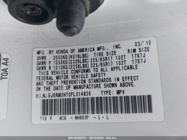 5J6RM3H70FL014836 Honda Cr-v Ex-l