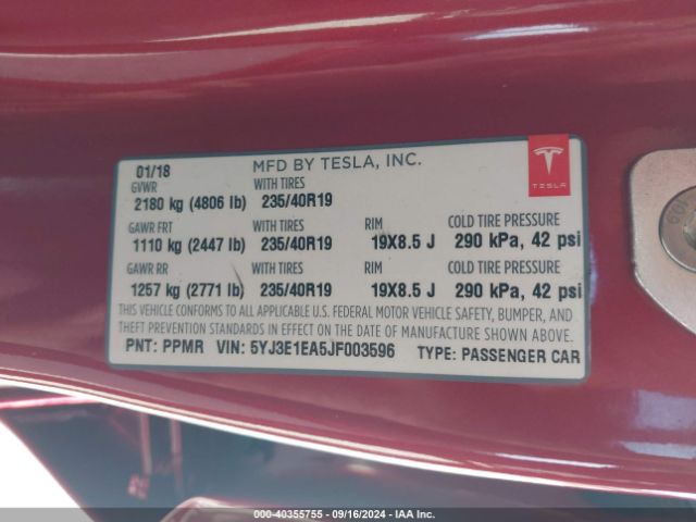 5YJ3E1EA5JF003596 Tesla Model 3 Long Range/mid Range