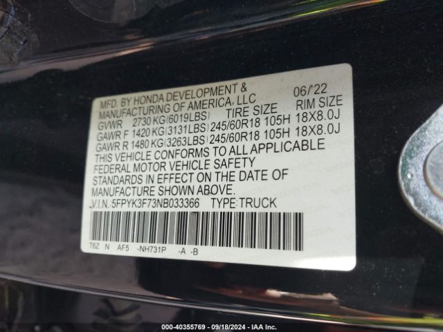 5FPYK3F73NB033366 Honda Ridgeline Rtl-e