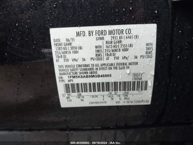 1FM5K8AB9MGB46985 Ford Police Interceptor Utility