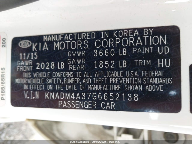 KIA RIO LX 2016 KNADM4A37G6652138 Image 9