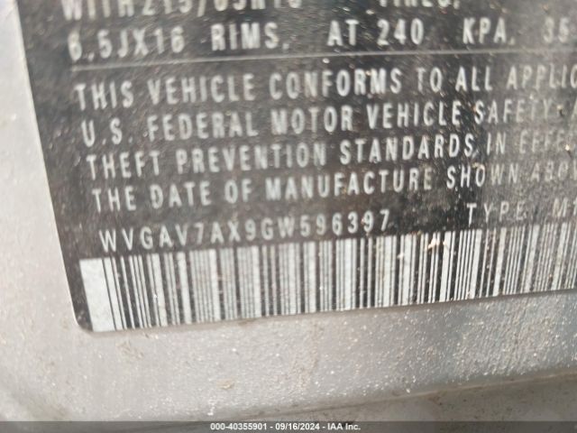 WVGAV7AX9GW596397 Volkswagen TIGUAN S