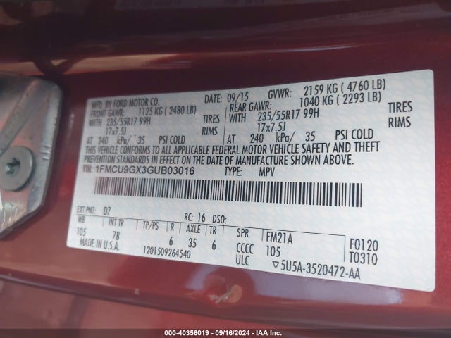 Ford ESCAPE SE 2016 1FMCU9GX3GUB03016 Image 9