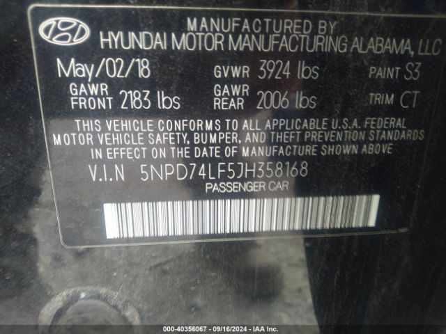 5NPD74LF5JH358168 Hyundai ELANTRA SE