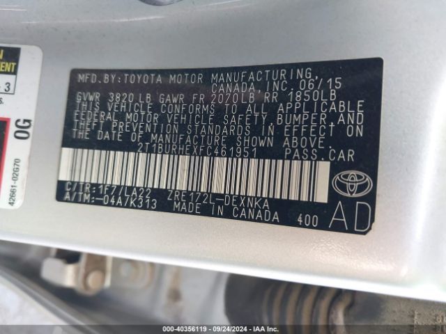 2T1BURHEXFC461951 Toyota Corolla Le Premium