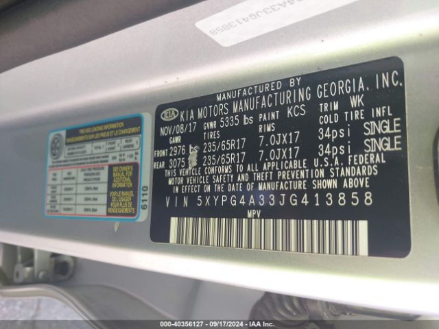 5XYPG4A33JG413858 KIA Sorento 2.4l Lx