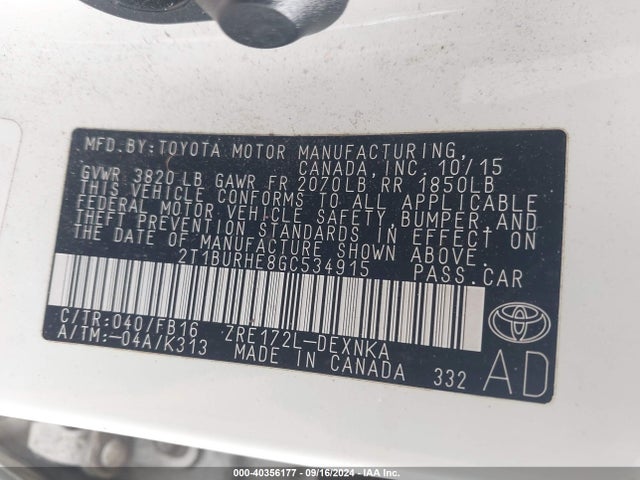 Toyota COROLLA LE 2016 2T1BURHE8GC534915 Image 9
