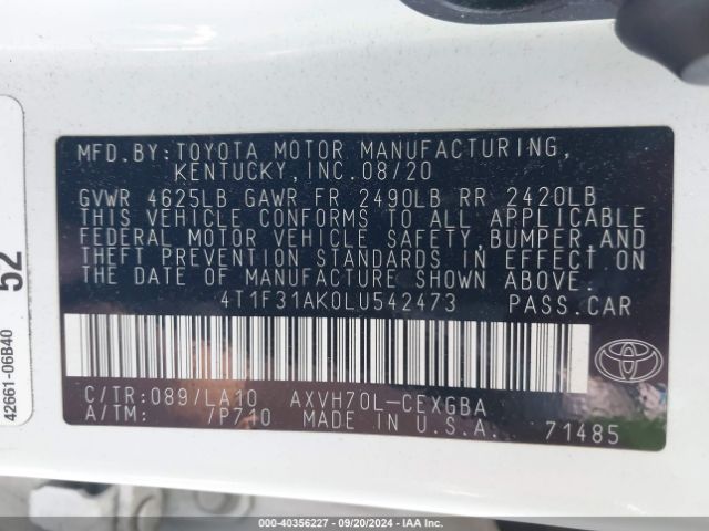 4T1F31AK0LU542473 Toyota Camry Xle Hybrid