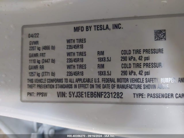 2022 TESLA MODEL 3 5YJ3E1EB6NF231282 Photo 8