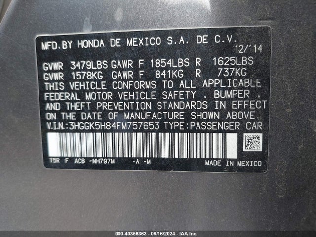 Honda Fit Ex/ex-l 2015 3HGGK5H84FM757653 Image 9