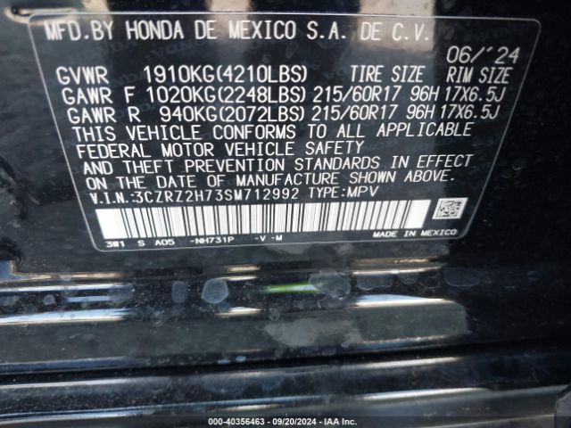 3CZRZ2H73SM712992 Honda Hr-v Awd Ex-l