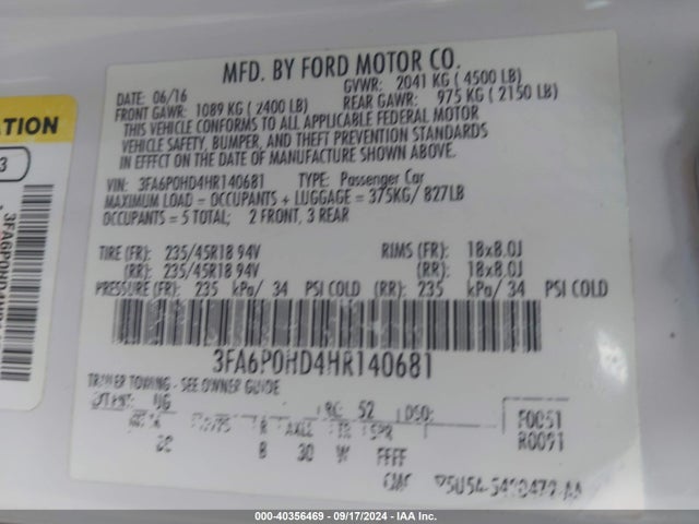 Ford FUSION SE 2017 3FA6P0HD4HR140681 Image 9