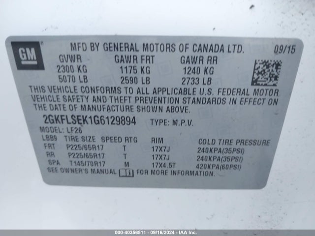 GMC Terrain Sle-1 2016 2GKFLSEK1G6129894 Image 9