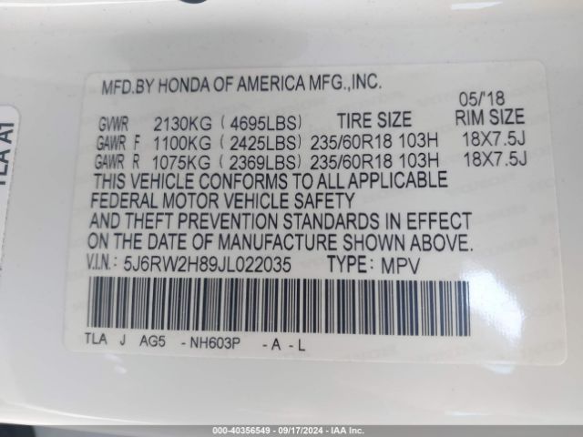 5J6RW2H89JL022035 Honda Cr-v Ex-l/ex-l Navi