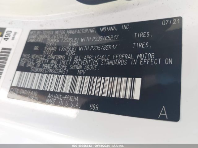 5TDKRKEC7MS059451 Toyota SIENNA LE