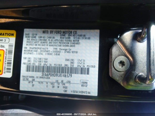 Ford FUSION SE 2020 3FA6P0HD9LR146579 Image 9