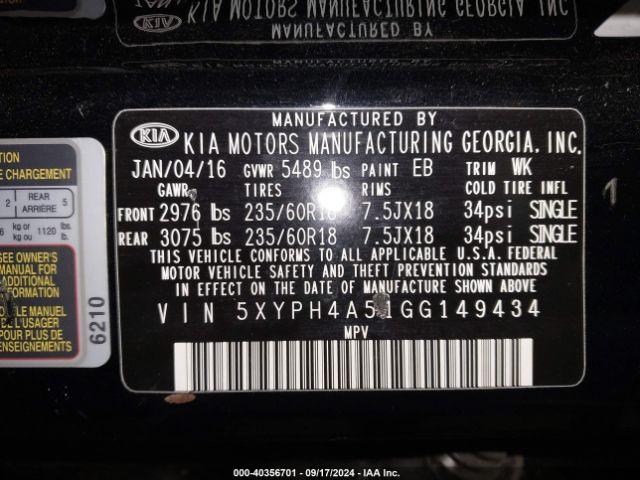 5XYPH4A51GG149434 KIA Sorento 3.3l Ex