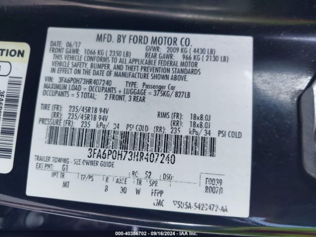 3FA6P0H73HR407240 Ford FUSION SE